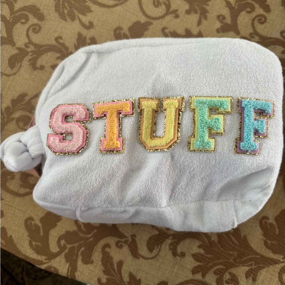 Stoney clover lane White terry cloth Pouch with Colorful 'STUFF' Letters
